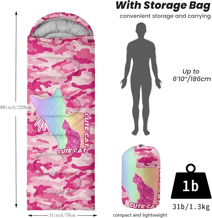 Sleeping Bags for Adults Youth Kids3D Printing Camping Sleeping Bag for Girls Boys Lightweight Waterproof Cold/Warm Weather Sleeping Bag for 3 Seasons
