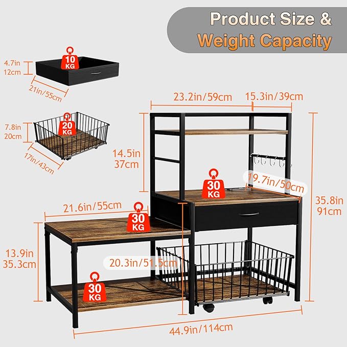 Bakers Rack with Mini Fridge Stand &amp Microwave Shelf – Coffee Bar with Drawer Rolling Basket Storage &amp Hooks – Heavy Duty Kitchen Organizer for Apartments Dorms &amp Living Rooms Brown