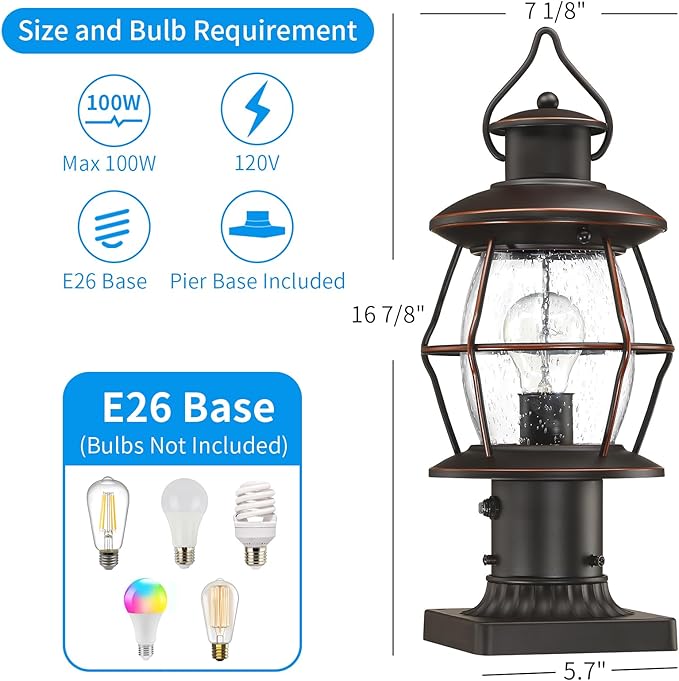 Dusk to Dawn Outdoor Post Lights with Pier Mount Base16.8“ Waterproof Lamp Post Light Fixture Hardwired 120VOil Rubbed Bronze Post Lighting for Driveway Yard Pathway Garden Patio