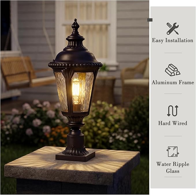 Emliviar 22.4 Inch Modern Exterior Post Lantern with Water Ripple Glass Oil Rubbed Bronze Lamp Post Outdoor Lighting E26 Base 60W Max XE265P-M ORB-SW