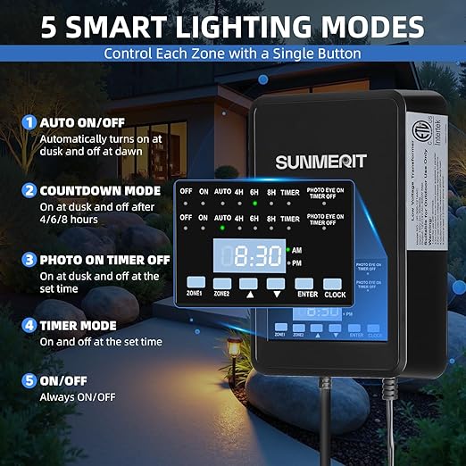 300 watt Low Voltage Landscape Transformer with 2 Zones Independent Control Output Outdoor Lighting Transformer with Timer and Photocell Sensor 120V AC to 12V /14V AC for Pathway Lights Spotlight