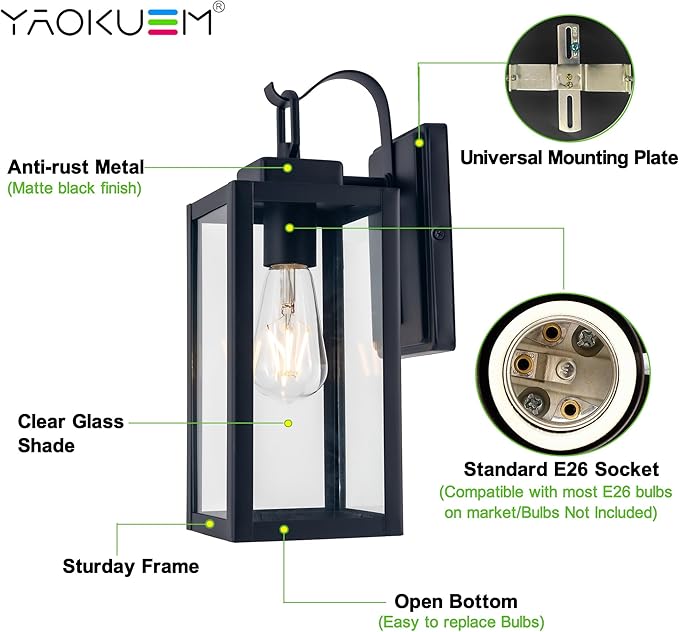 Outdoor Wall Lantern Wall Sconce as Porch Lighting Fixture E26 Medium Base Metal Housing Plus Glass Bulbs not Included