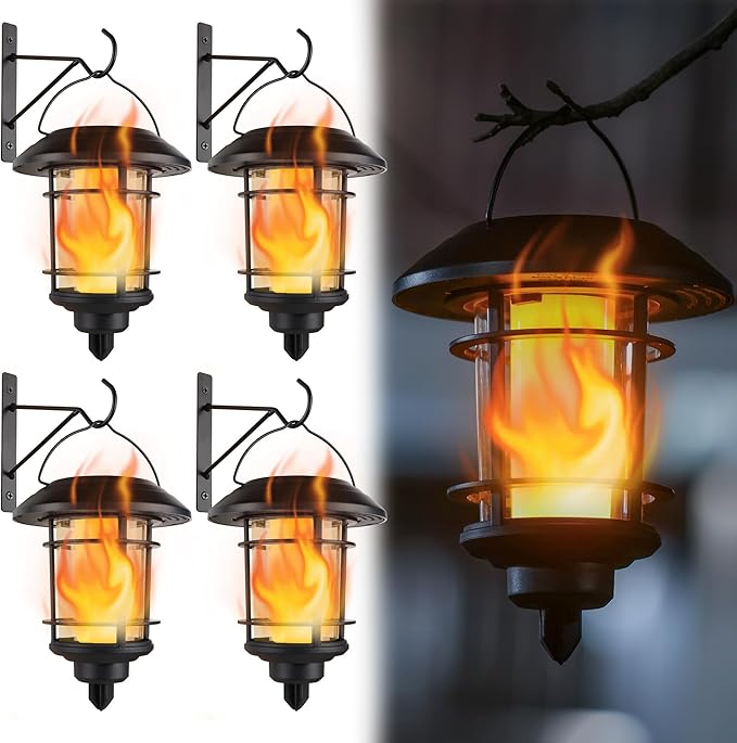 Dynaming 4 Pack Solar Flame Wall Lanterns Outdoor Solar Powered Wall Mounted Sconce Lights Flickering Flame LED Light Auto On/Off Hanging Lights Waterproof for Garage Stair Patio Porch Yard
