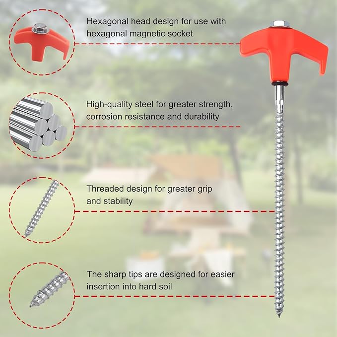 12 Pcs Tent Stakes Heavy Duty 8 inch Ground Anchors Screw in Screw in Tent Stakes Camping Stakes with Storage Box Threaded Tent Spikes with Hex Head Driver and Stake Puller Ground Stakes