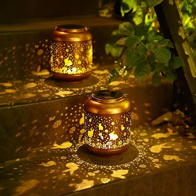 Rabbit Solar Lanterns Outdoor WaterproofGarden Decor Solar Lights Bunny Gifts for Women Mom GrandmaMetal Outside Decoration Hanging Lantern for YardPorchPatioLandscapeBackyardLawn