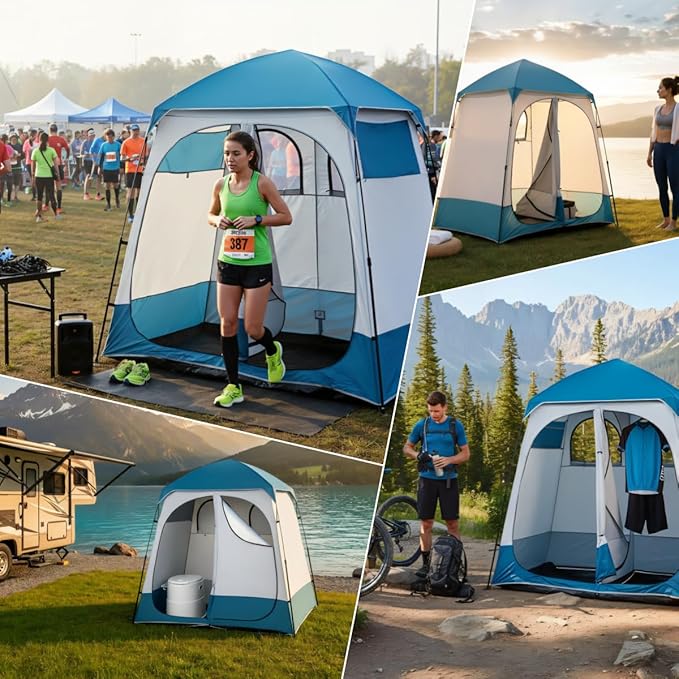 2 Rooms Camping ShowerTent - Portable Privacy &amp Changing Room Tent for Camping Hiking Beach | Lightweight Durable 15 * 19 Oxford Cloth Tent with Large Zipper Door 90x90x48 (Blue/White)