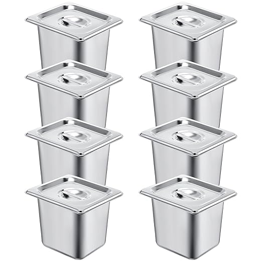 8 Pack Stainless Steam Hotel Pan 6 Deep Steam Table Pan with Lid 0.8 mm Thick Stainless Steel Restaurant Anti Clogging Steamer for Party Restaurant Hotel(1/6 Size)