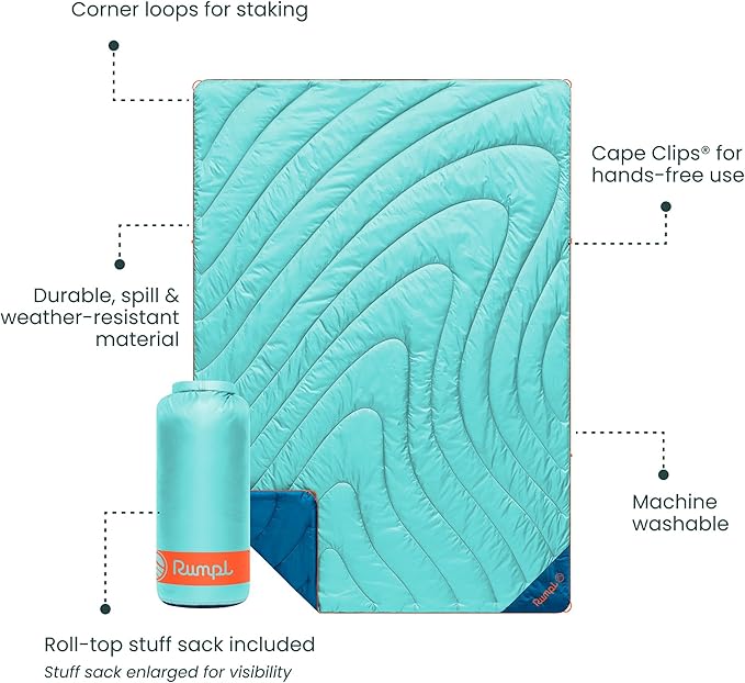 Rumpl Original Puffy Blanket - Warm Water-Resistant Camping Blanket with 100% Recycled Synthetic Insulation 52x75 Original Puffy V2 Seafoam