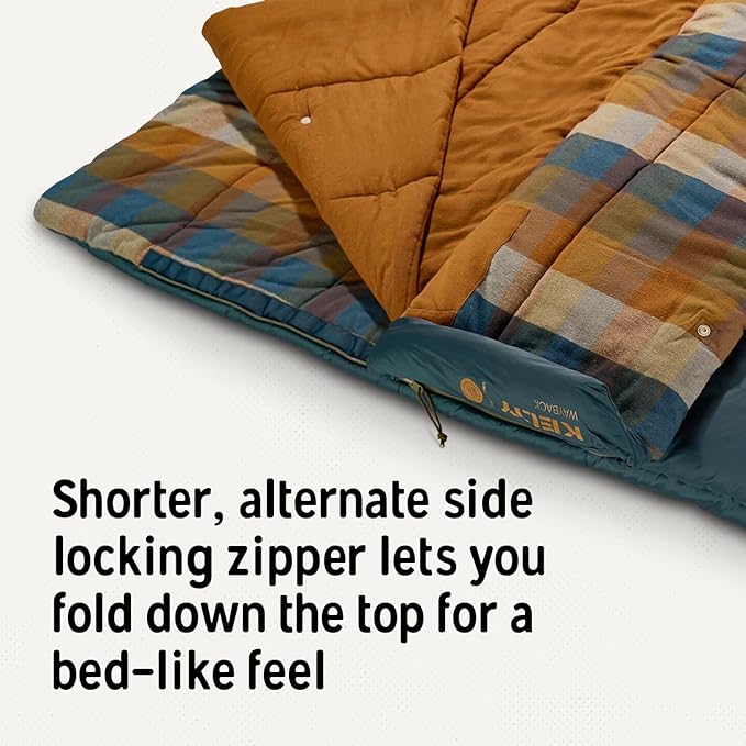 Kelty Wayback Flannel Lined Sleeping Bag Built in Blanket Traditional Rectangle Shape Organic Flannel Cotton Liner Dual Locking Slide Zips