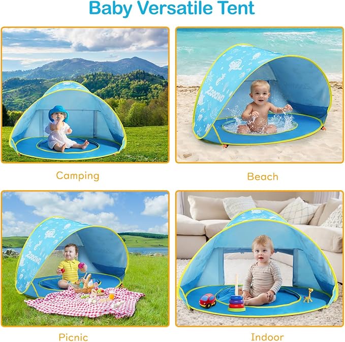 Zooawa Baby Beach Tent Pop Up Beach Tent Sun Shade for Beach Portable Shade Pool UV Protection Sun Shelter for Infant with Beach Sand Toys Set