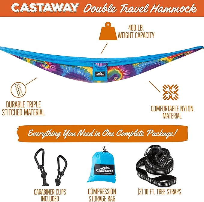 Castaway Travel Hammocks Double Tie Dye Camping Hammock with 2 Tree Straps Triple Stitched Durable Nylon Material Compact Design for Backpacking Travel Beach Backyard Patio Hiking
