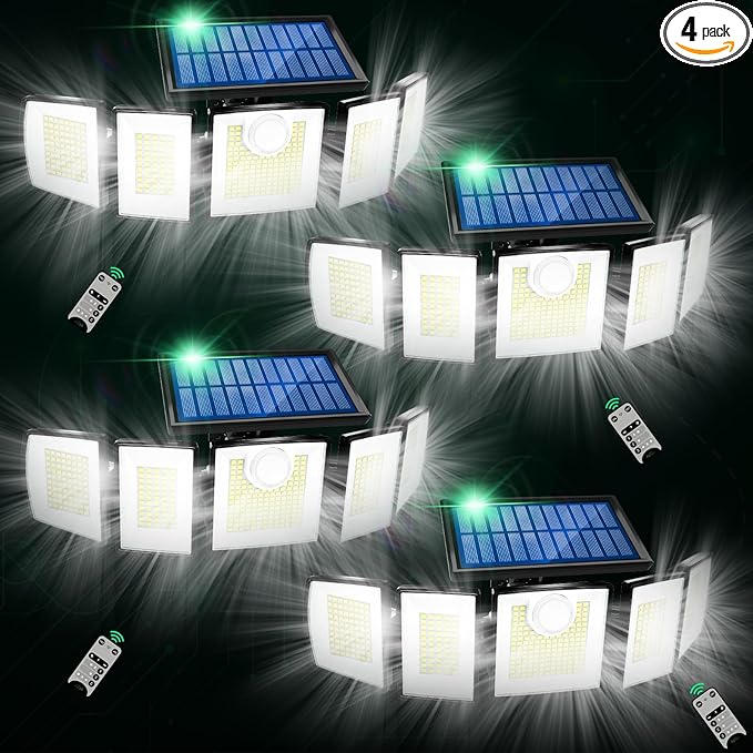 Solar Lights Outdoor Waterproof Motion Sensor - 416 LEDs 3000 Lumens Super Bright 3 Brightness 3 Modes 2400mAh 360° Illumination 32ft Solar Flood Security Light for Outside (‎With Remote Control 4)