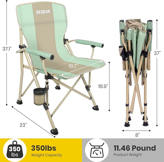 XGEAR Camping Chair with Padded Hard Armrest Sturdy Folding Camp Chair with Cup Holder Storage Pockets Carry Bag Included Support to 400 lbs