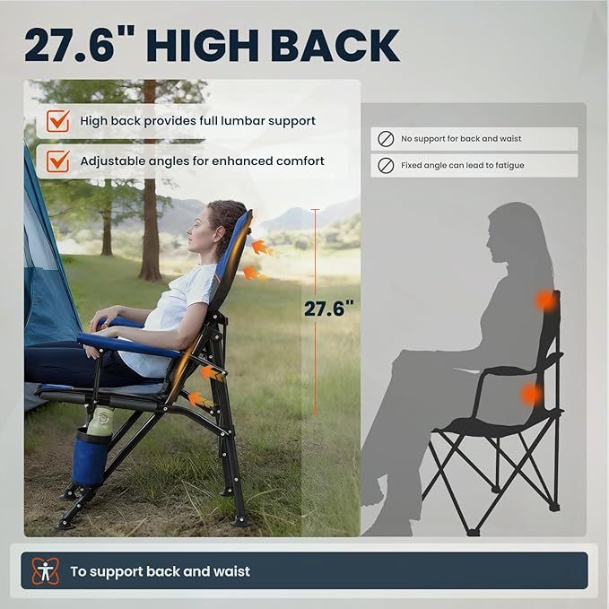Overmont Camping Chair with Lumbar Support for Adults - Oversized with High Back Supports 450 LBS - Heavy Duty Folding Chair Portable for Outdoor Lawn Patio Balcony with Patent No.: US D1.028.543 S