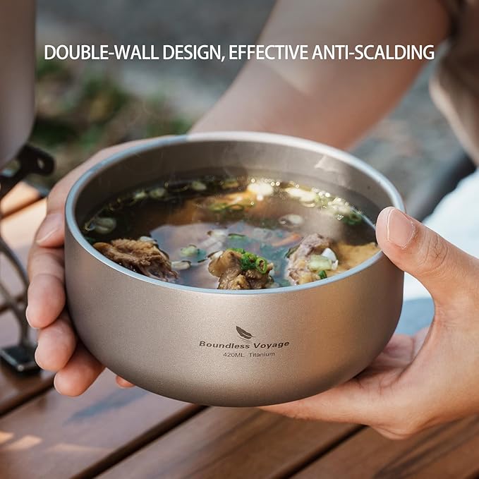 Boundless Voyage 420ml Titanium Double Walled Bowl for Adult Children Ultralight Portable Soup Rice Food Bowl Outdoor Camping Durable Metal Tableware Ti1084T