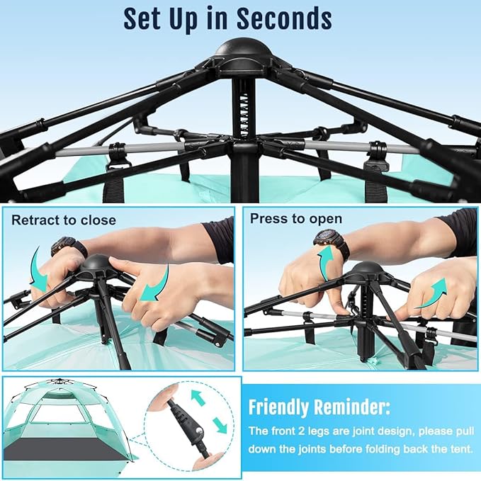 WhiteFang Deluxe Pop Up Beach Tent Sun Shade Shelter for 3-4/5-6 Person UV Protection Extendable Floor with 3 Ventilating Windows Plus Carrying Bag Stakes and Guy Lines