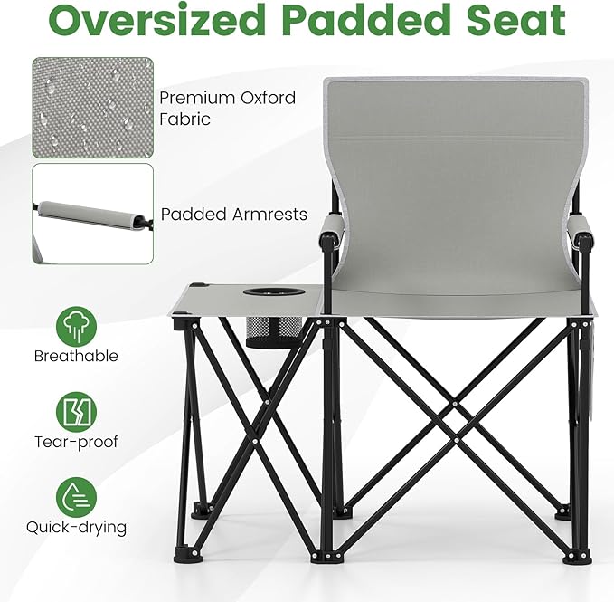 Goplus Oversized Camping Chair with Side Table Folding Heavy-Duty Picnic Chair w/ 2 Storage Pockets Cup Holder Padded Armrests Carrying Bag Portable Outdoor Chair for Fishing RV Trip (Gray2)