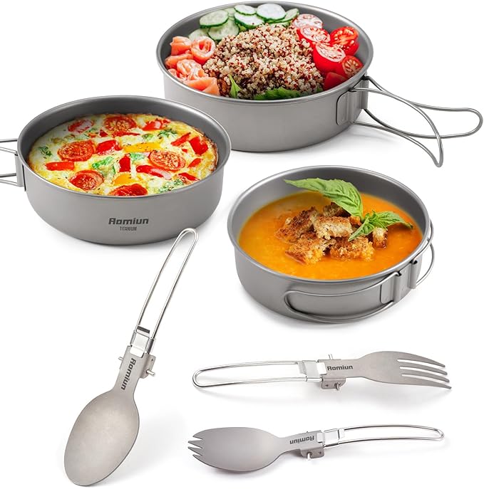 Titanium Camping Bowls and Utensils Set Lightweight Portable Titanium Plates with Folding Handle &amp Forks Spoons Travel Cutlery Dinnerware for Outdoor Camping Backpacking Hiking Picnic