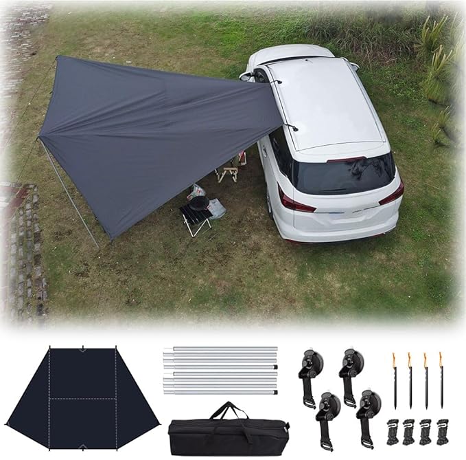 Car Side Awning Tent for BMW Serie 8 Series 2018-2025 Coupe/Gran Coupe 4-Seater Oxford Fabric Camping Vehicle Side Sun Shelter Portable Tailgate ShelterBlack-2m Aluminum Rod Set