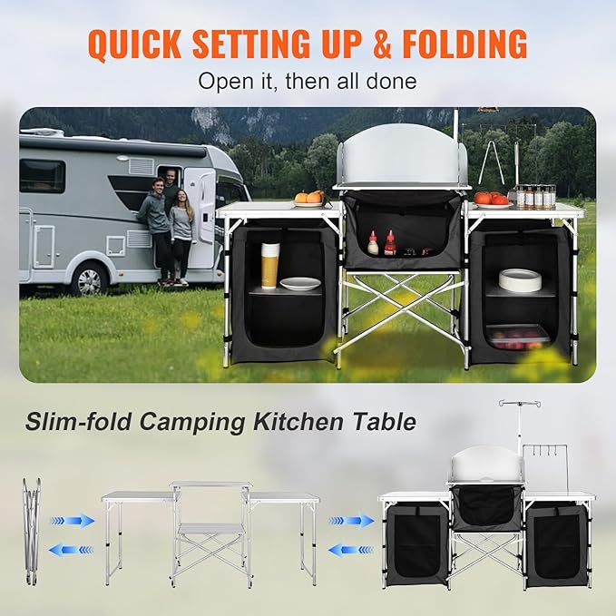 VEVOR Camping Kitchen Table Folding Outdoor Cooking Table with Storage Carrying Bag Aluminum Cook Station 3 Cupboard &amp Detachable Windscreen Quick Set-up for Picnics BBQ RV Traveling Black
