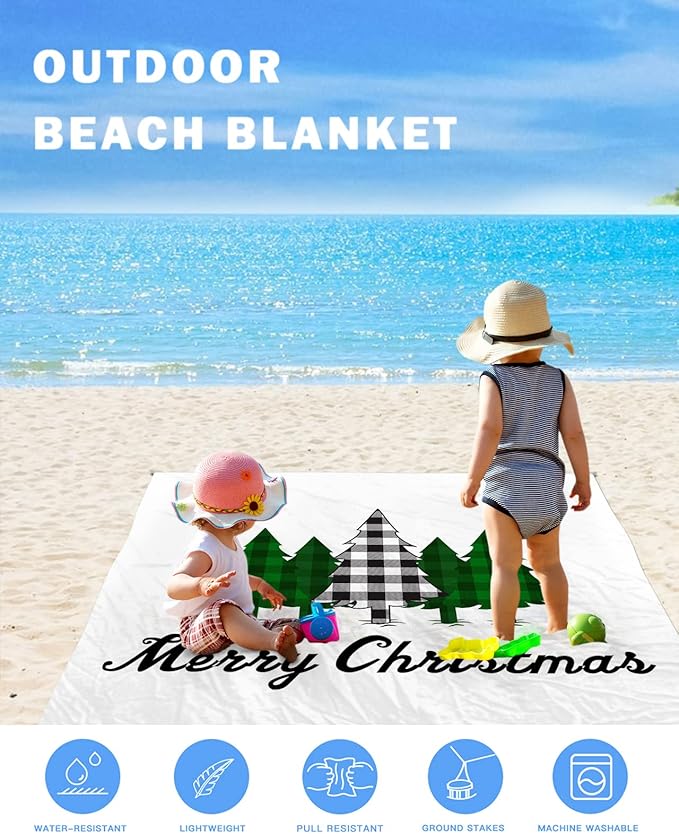 Beach Blanket Waterproof Sandproof OversizedMerry Christmas Buffalo Tree Plant Beach Mat with Corner Stakes Sand PocketsGreen Check Xmas Trees Outdoor Picnic Mat for Travel Camping Hiking 83x79In