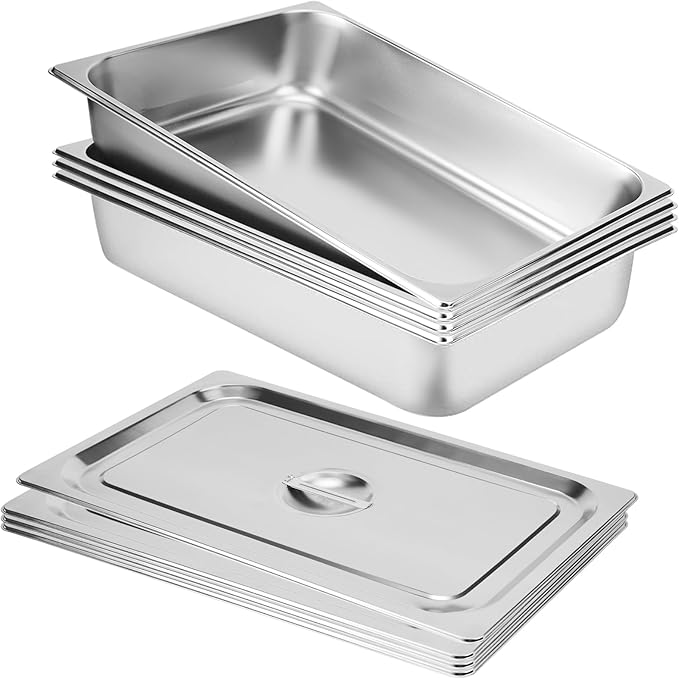 4 Pack Hotel Pans 1/1 Full Size 4’ Deep Steam Table Pan with Lid 21 L x 13 W Commercial Stainless Steel Pan Food Containers Catering Supplies Buffet Display