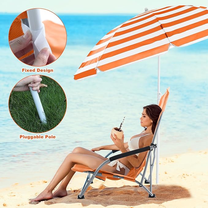 Huwena 2 Pack Beach Chair for Adult with 2 Umbrella Low Folding Chair Detachable Adjustable Lightweight with Armrests Cup Holder Carry Bag Portable for Sand Camping Travel Outdoor Pool (Orange)