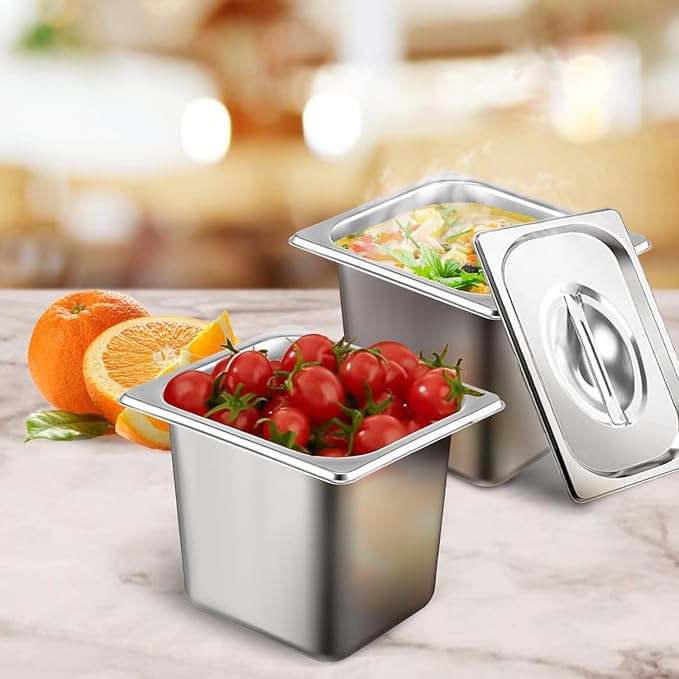 6 Set Stainless Steel Hotel Pans 1/6 Size 6 Inch Deep With Lids Anti-Jam Chafing Steam Table Pans Catering Food Storage Metal Pan