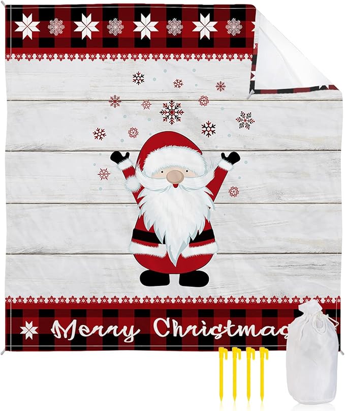 Beach Blanket Waterproof Sandproof Christmas Cute Santa Winter Snowflake Quick Drying Beach Mat with 4 Stakes Red Buffalo Grid Vintage Wooden Board Lightweight Picnic Blanket for Travel 118x108