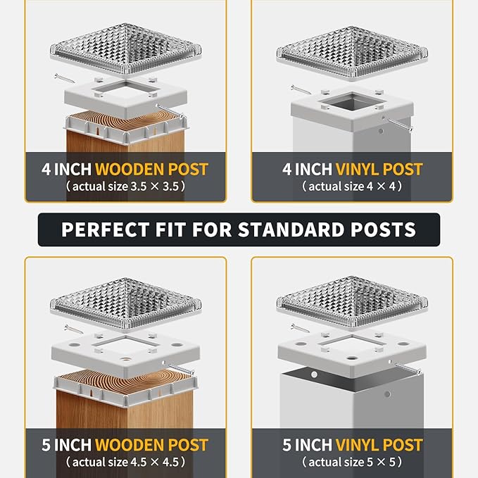 Glass Solar Post Cap Lights with Crystal Style - Decorative Deck Fence Lights for 4x4 5x5 Posts Hidden Solar Panel Modular Design 10Hr Runtime IP65 Warm White White 2 Pack
