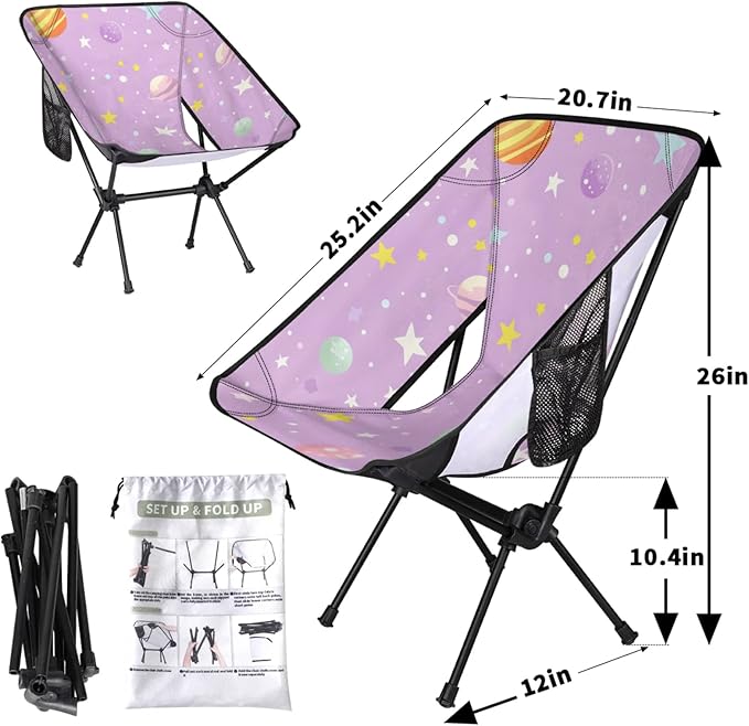 Honeybaby Folding Camping Chair Cartoon Planets Stars Camping Chairs Lightweight Portable Chair Outdoor Foldable Chairs for Camping Travel Picnic Beach Hiking
