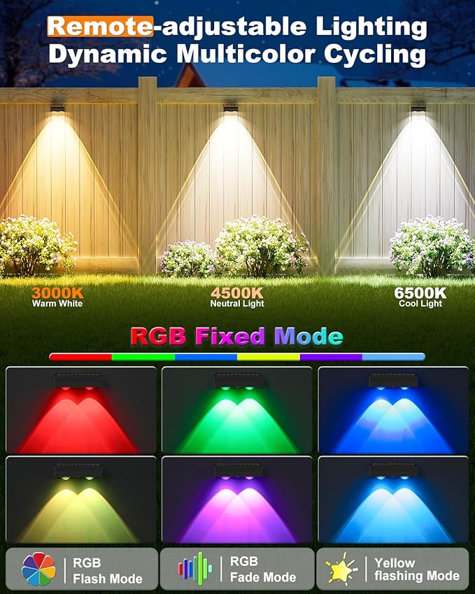 VOLISUN Solar Fence Lights with Remote Control 50 Lumen LED Fence Lights Solar Powered IP65 Waterproof 10 RGB Color Long-Lasting Solar Lights for Backyard Garden Deck Patio Railing (8 Pack)