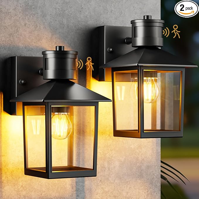 Woolmug 2 Pack Motion Sensor Outdoor Wall Light Fixtures Dusk to Dawn Porch Lights 2 Modes Black Exterior Wall Sconce Lamp with Clear Glass for Patio House Garage Bulbs Not Included
