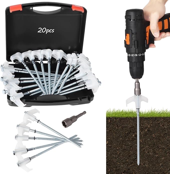 20-Pack Metal Tent Stakes with Glow-in-The-Dark Function Heavy-Duty Ground Spikes Hexagonal Drive Tool and Storage Box