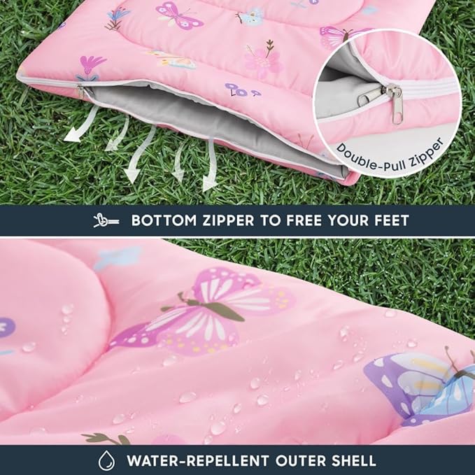 Wake In Cloud - Kids Sleeping Bag for Girls Toddlers Camping in Warm Cold Weather Backpacking Lightweight Compact Outdoor Liner for 3 Seasons Butterfly Garden Flowers