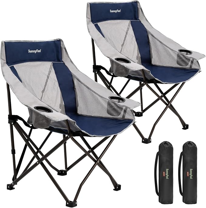 SUNNYFEEL 2 Pack Lightweight Oversized Camping Chairs for Adults Portable Folding Chair with Side Pockets &amp Cup Holde for BeachFishingTripPicnicLawnConcert Outdoor Carry Bag Included