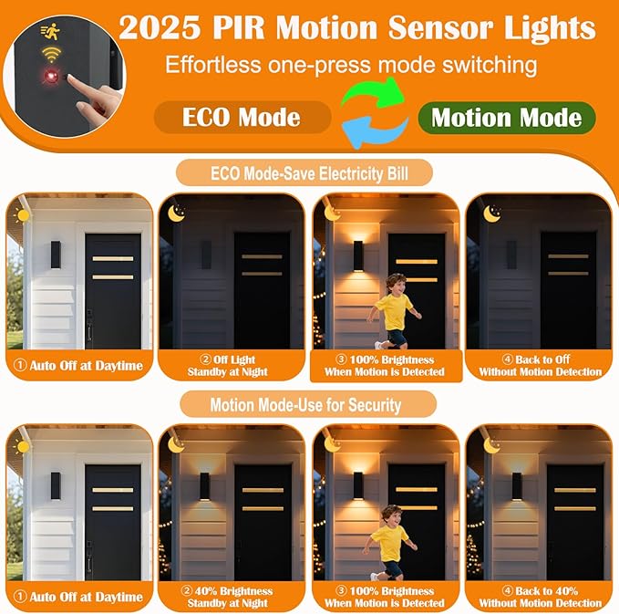 wowlite Motion Sensor Outdoor Wall Lights Dusk to Dawn Outdoor Lighting with E26 Bulbs Included 3 Lighting Modes Black Exterior Lighting Fixtures Aluminum Outside Lights for House Porch Yard 2 Pack