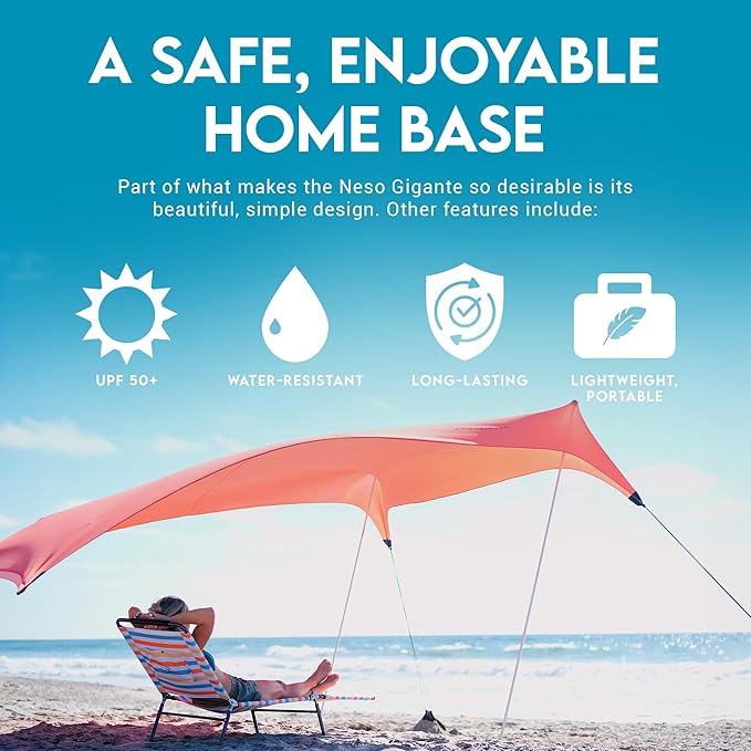 Neso Gigante Portable Beach Tent Sun Shelter - Lightweight Beach Shade Canopy - Easy Setup for Family Outings - Patented Reinforced Corners - UPF 50+ Sun Protection - 8ft Tall 11 x 11ft - Coral