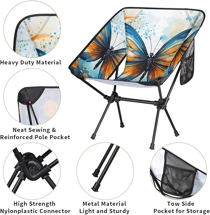 Portable Camping Chair Artistic Butterfly Ultralight Folding Camping Chair Gothic Butterfly Backpacking Hiking Chair with Cup Holder for Outdoor Travel Beach Picnic Festival 176 lbs Capacity