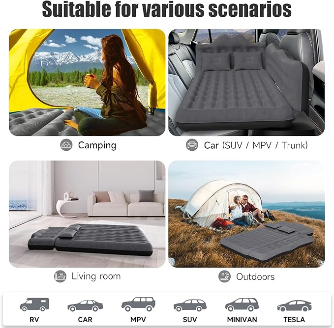 Car Air Mattress Inflatable SUV Truck Air Mattress Back Seat Camping Bed Thickened Car Sleeping Pad for Travel Car Bed SUV Mattress with Air Pump 2 Pillows