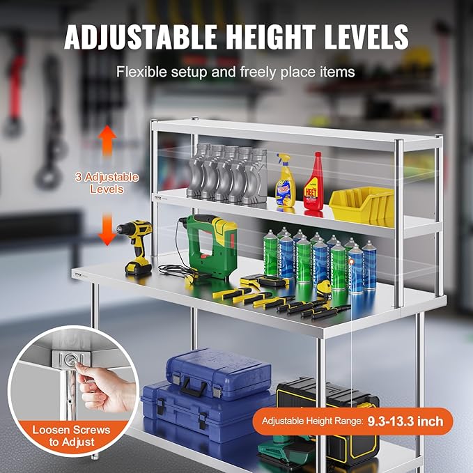 VEVOR Stainless Steel Overshelf 12 x 60 Inch Double Deck Height Adjustable Prep Work Table for Kitchen Restaurant and Workshop