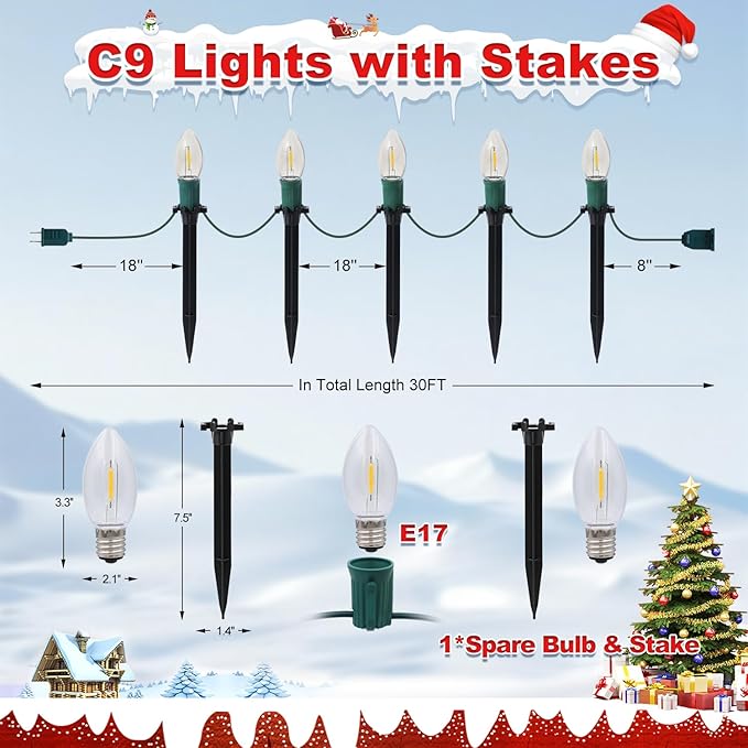 USOKYO 30Ft C9 Led 20 Bulbs Christmas Pathway Lights Outdoor Warm White Led Bulbs Waterproof Connectable Christmas Walkway Lights with Stakes for Yard Lawn Sidewalk Driveway Christmas Decorations