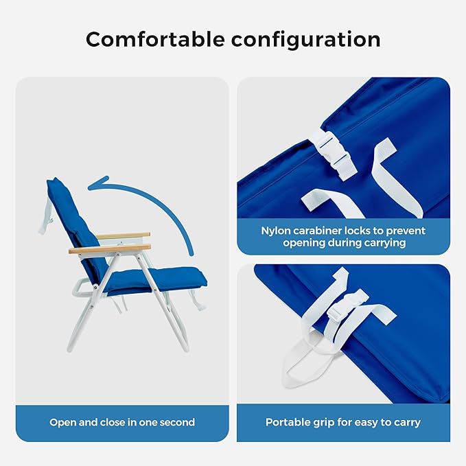SUNNYFEEL Foldable Beach Chair Beach Chair Backup with Wood Armrest &amp Cushion Lightweight Camping Chair Heavy Duty for Beach Camping Lawn Outdoor Blue