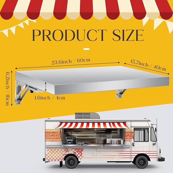 Stainless Steel Folding Shelf Wall Mounted Commercial Concession Serving Shelf for Food Truck Trailer Window Kitchen Restaurant Garage Utility Room(16x24)