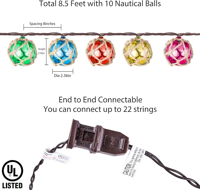 Decorative String Lights Plug in with 10 Incandescent Bulbs Nautical Fishing Float String Lights Connectable Weatherproof for Indoor Home Tiki Bar Decor and Outdoor Patio Decorations (Multi-color)