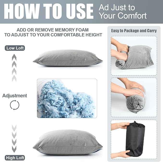 2 Pack Camping Pillow for Sleeping Shredded Memory Foam Travel Pillow with Storage Bag Compressible Portable Pillow for Outdoor Camp Backpacking Hiking Essential Gear(GreyMedium)