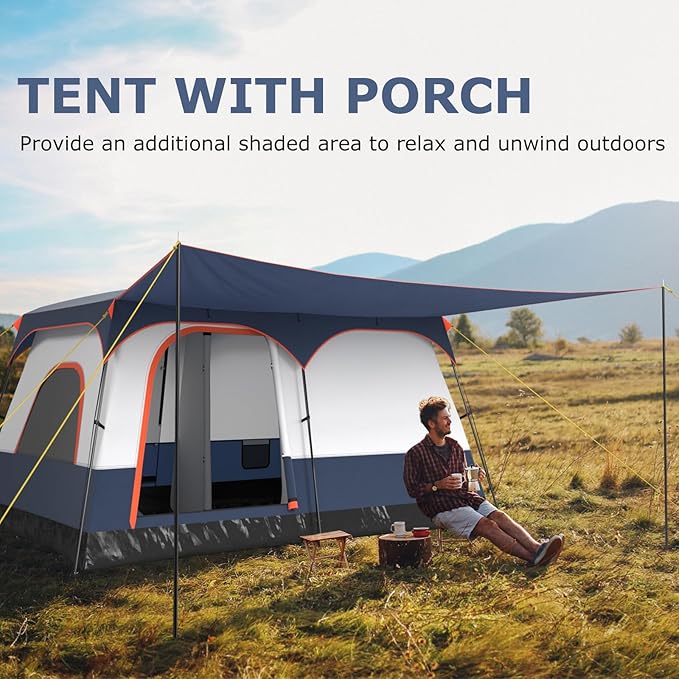 Tangkula 6/8/10-Person Camping Tent with Porch Large Family Cabin Tent with 2 Rooms 2 Doors 2 Mesh Windows Removable Rainfly Carrying Bag Double Layer Tents for Camping Picnic Outdoor