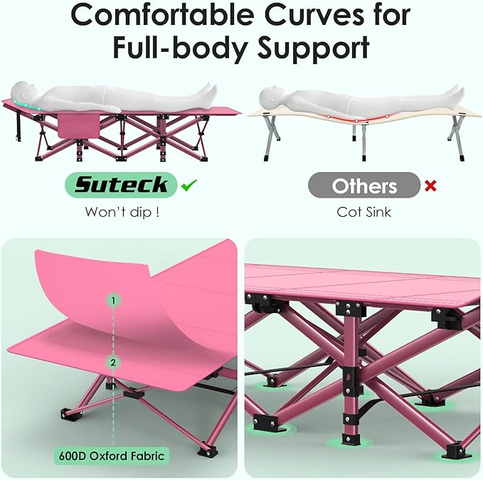 Suteck Camping Cot Folding Camping Cot Bed for Adults Sleeping 1200D Double Layer Oxford Portable Folding Outdoor Cots for Camping W/Soft Pad Carry Bag for Home Office Nap Beach Travel 500LBS
