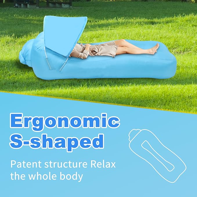 Inflatable Couch Inflatable Lounger Air Sofa | No-Pump Blow Up Couch | Ergonomic Design Air Couches Outdoor for Camping &amp Park &amp Beach Upgrade Your Camping Accessories-with Sun Shade（Blue）
