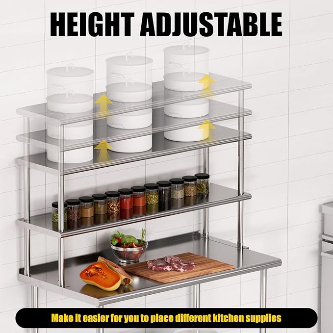 Double Overshelf Double Tier Stainless Steel Shelf 12 x 48 Inches Adjustable Height Commercial 2 Tier Shelf 360lb Load Capacity for Prep &amp Work Table in Restaurant Home and Kitchen